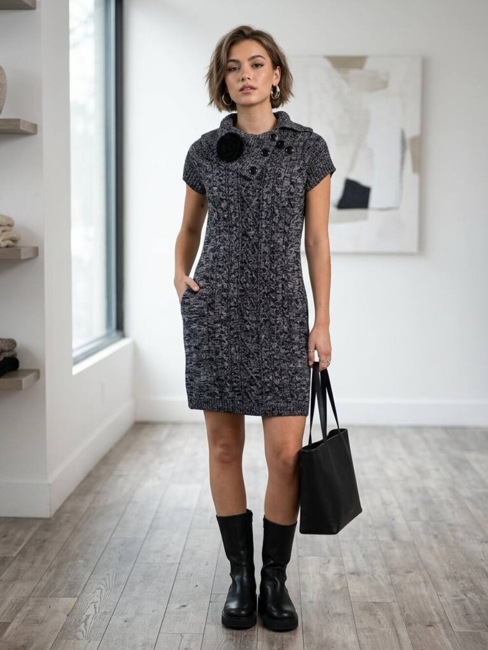 Calvin Klein Cable Knit Sweater Dress in Black & Grey - Size Large